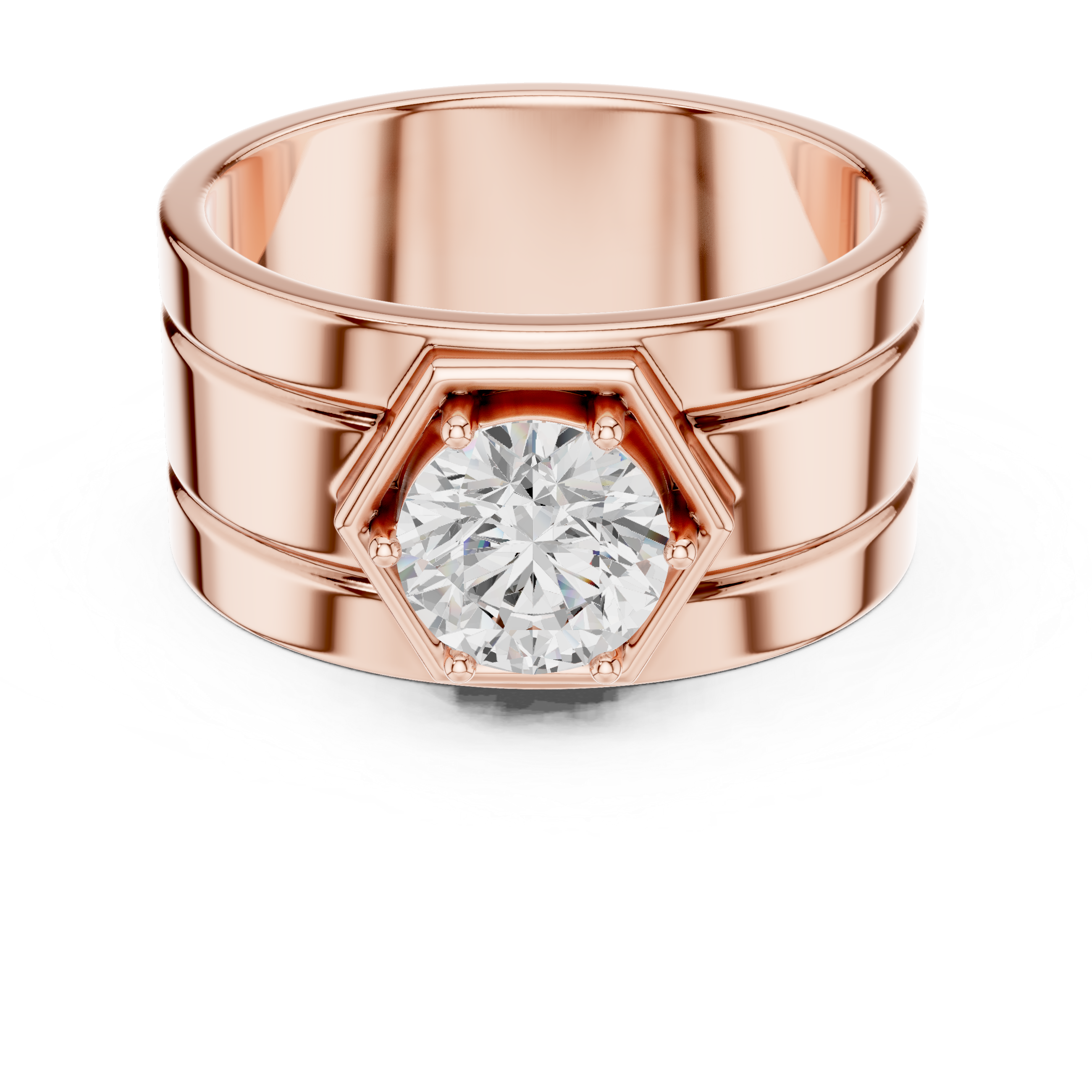 Round Diamond Solitaire Men's Band Ring with Hexagon Setting