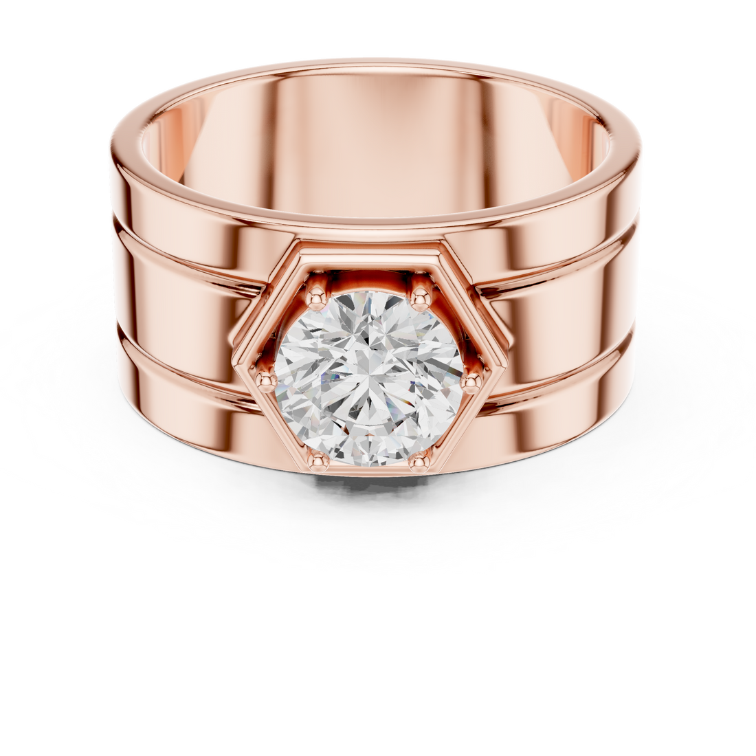 Round Diamond Solitaire Men's Band Ring with Hexagon Setting