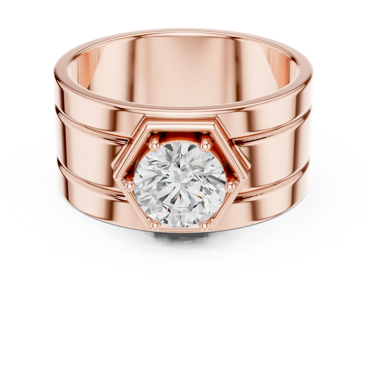 Round Diamond Solitaire Men's Band Ring with Hexagon Setting