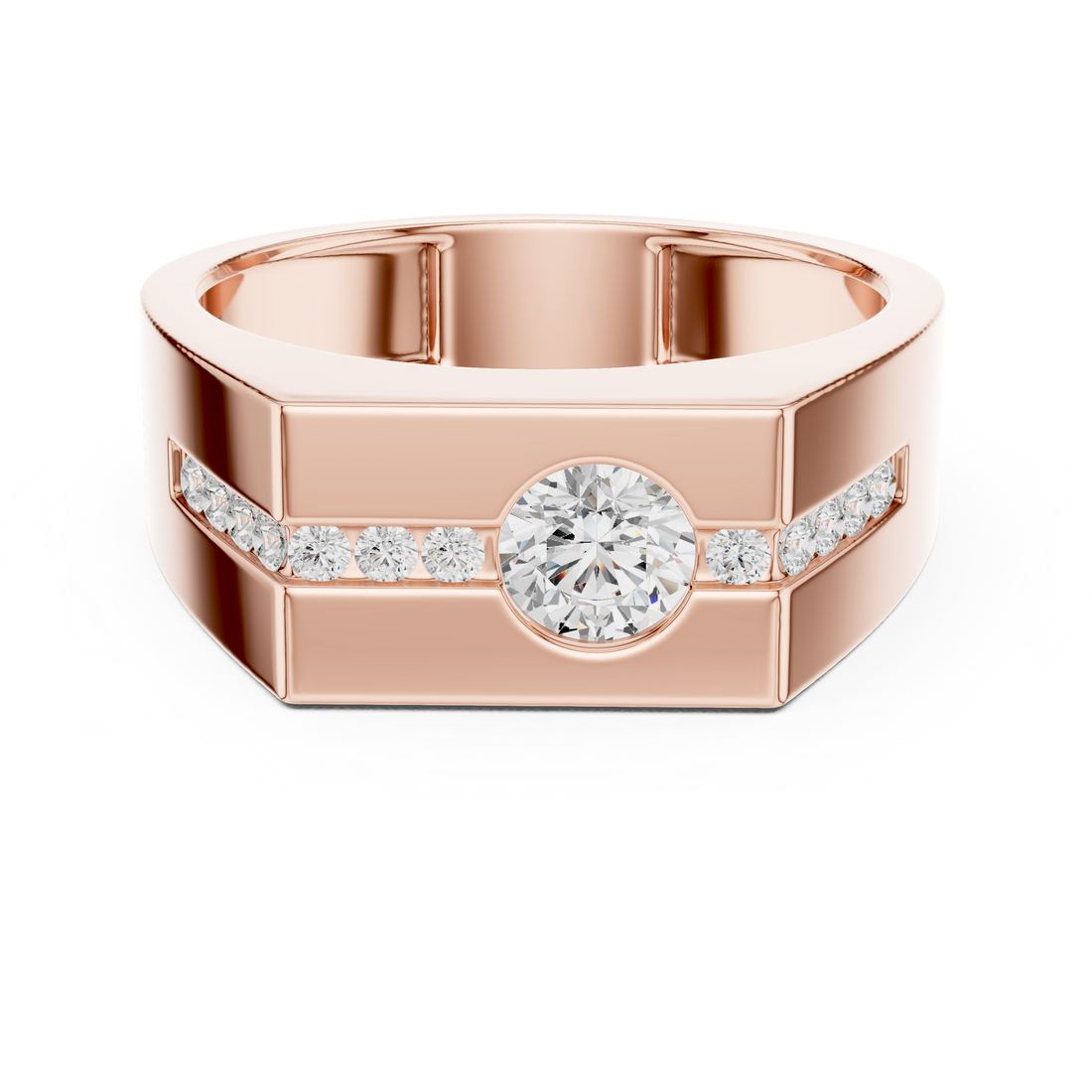 Round Cut Diamond Men's Ring with Bezel Center and Channel Set Side Stones
