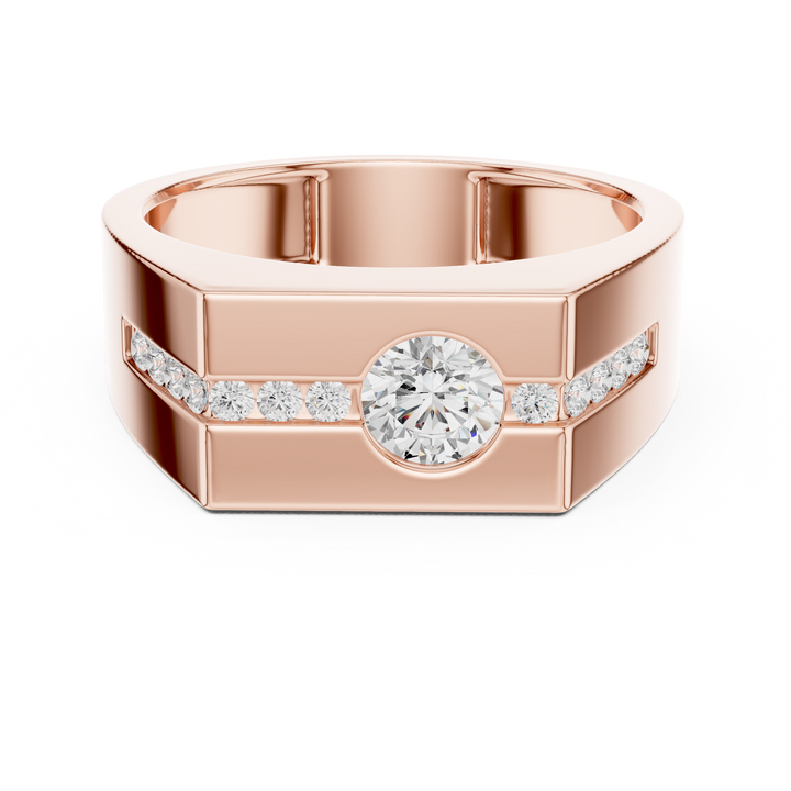 Round Cut Diamond Men's Ring with Bezel Center and Channel Set Side Stones