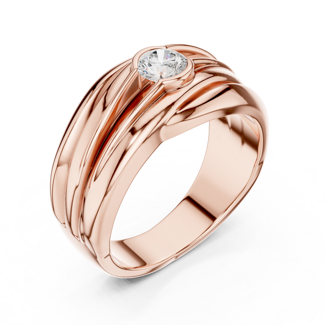 Stylish rose gold infinity ring with delicate diamond accents and modern minimalist finish.