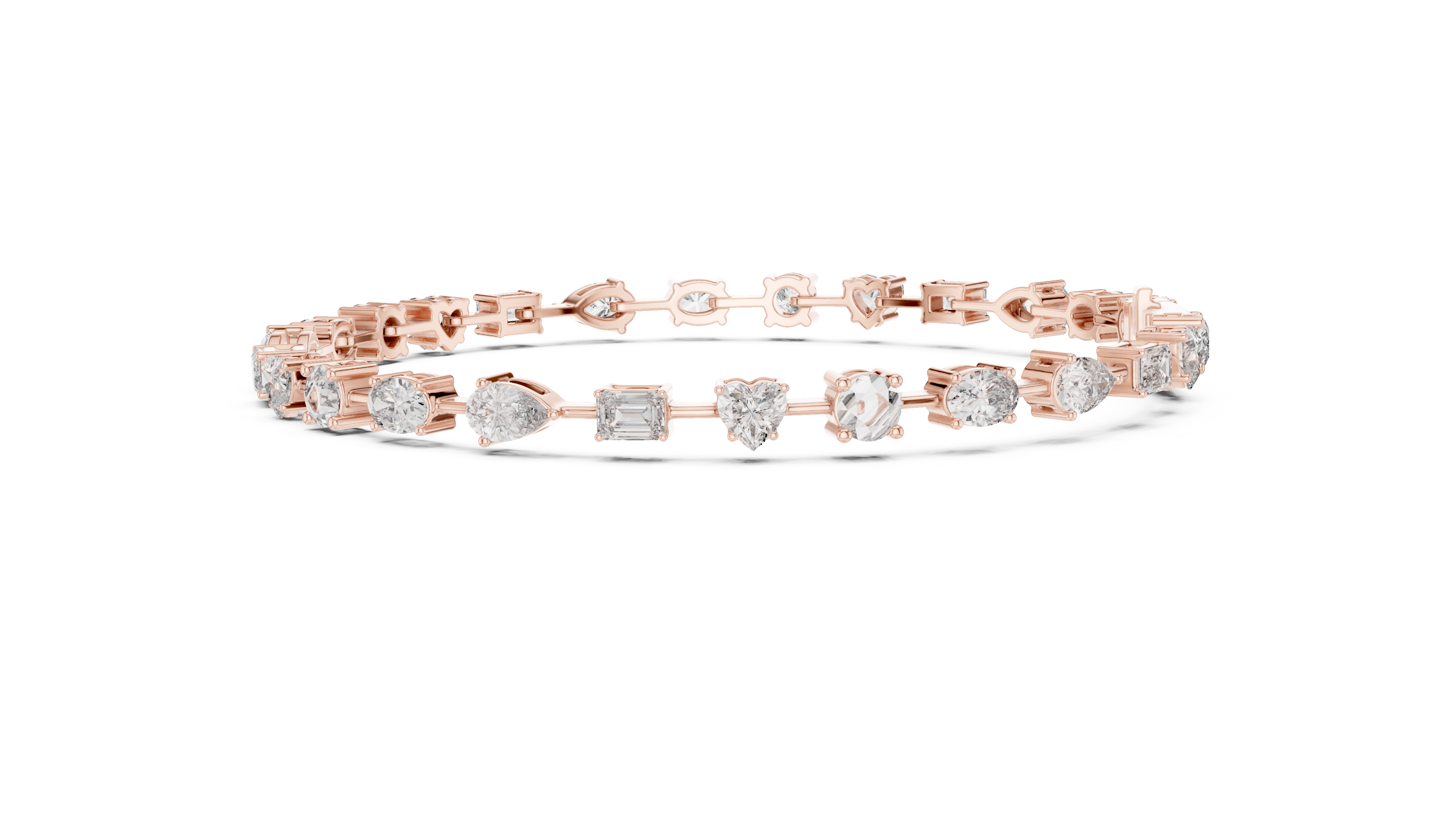 Mixed Cut Diamond Tennis Chain Bracelet in Collet Settings with Alternating Round Heart Emerald Oval and Pear Stones