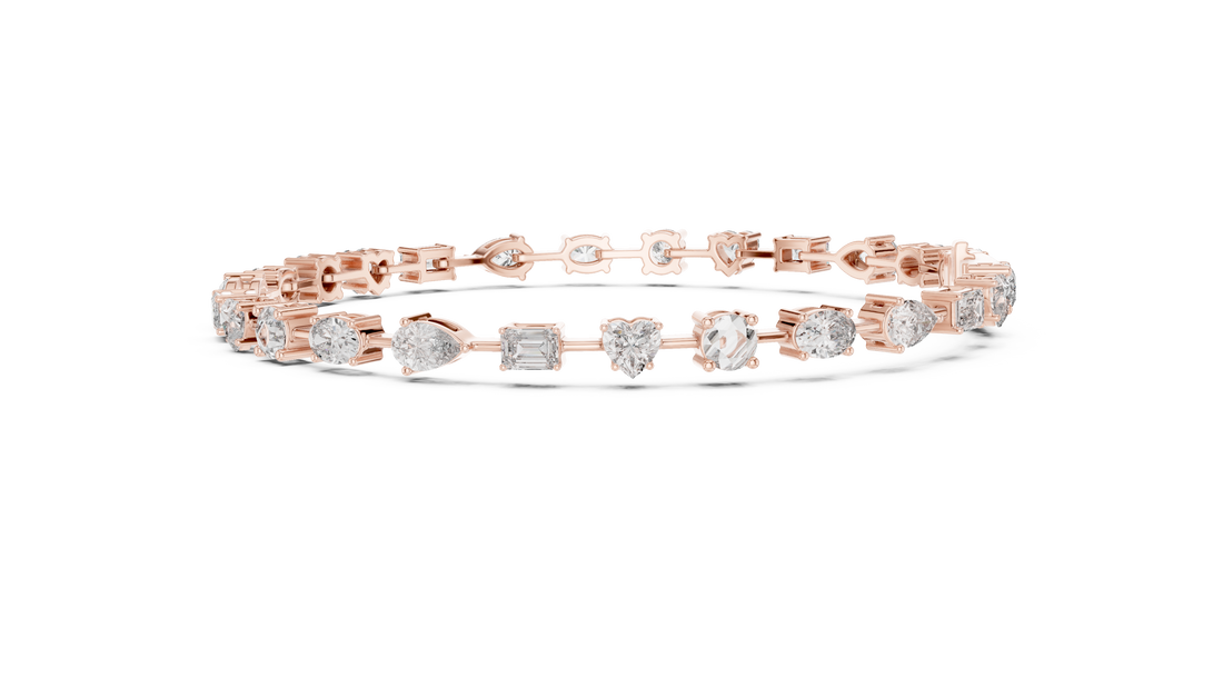 Mixed Cut Diamond Tennis Chain Bracelet in Collet Settings with Alternating Round Heart Emerald Oval and Pear Stones
