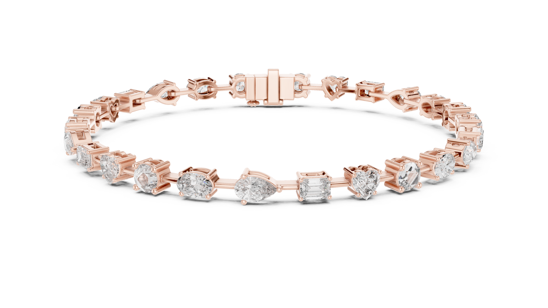 Mixed Cut Diamond Tennis Chain Bracelet in Collet Settings with Alternating Round Heart Emerald Oval and Pear Stones
