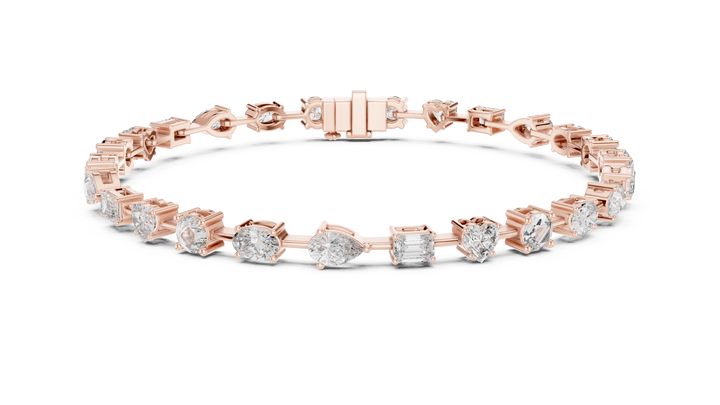 Mixed Cut Diamond Tennis Chain Bracelet in Collet Settings with Alternating Round Heart Emerald Oval and Pear Stones