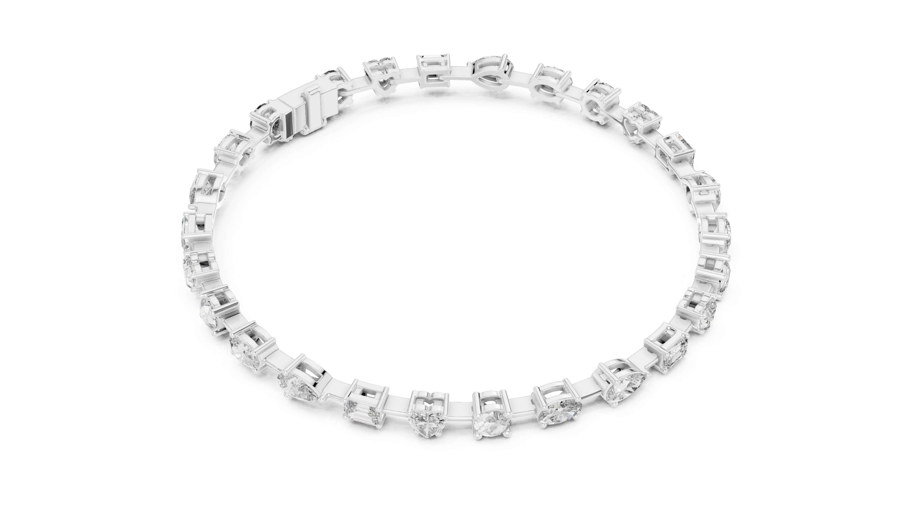 Mixed Cut Diamond Tennis Chain Bracelet in Collet Settings with Alternating Round Heart Emerald Oval and Pear Stones