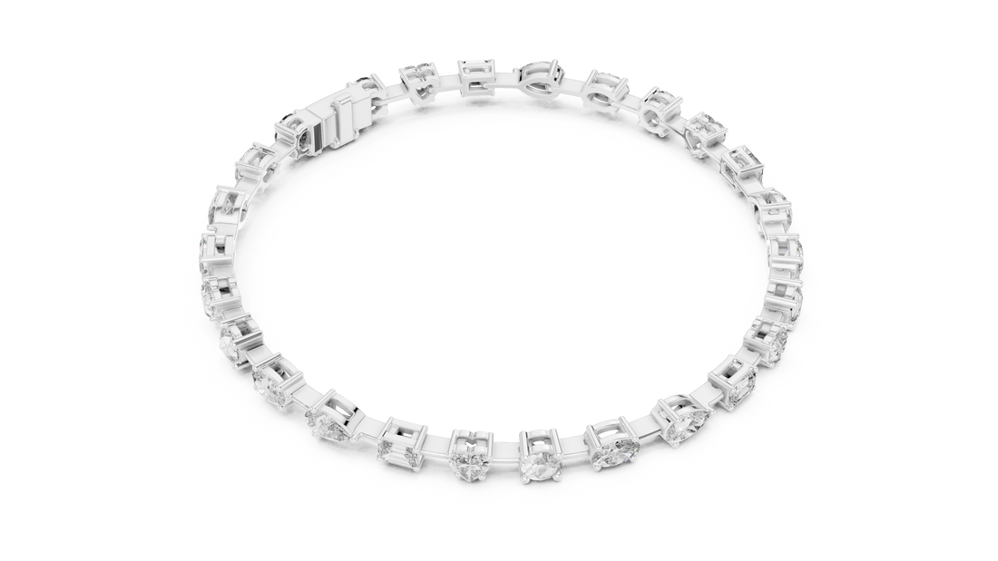 Mixed Cut Diamond Tennis Chain Bracelet in Collet Settings with Alternating Round Heart Emerald Oval and Pear Stones