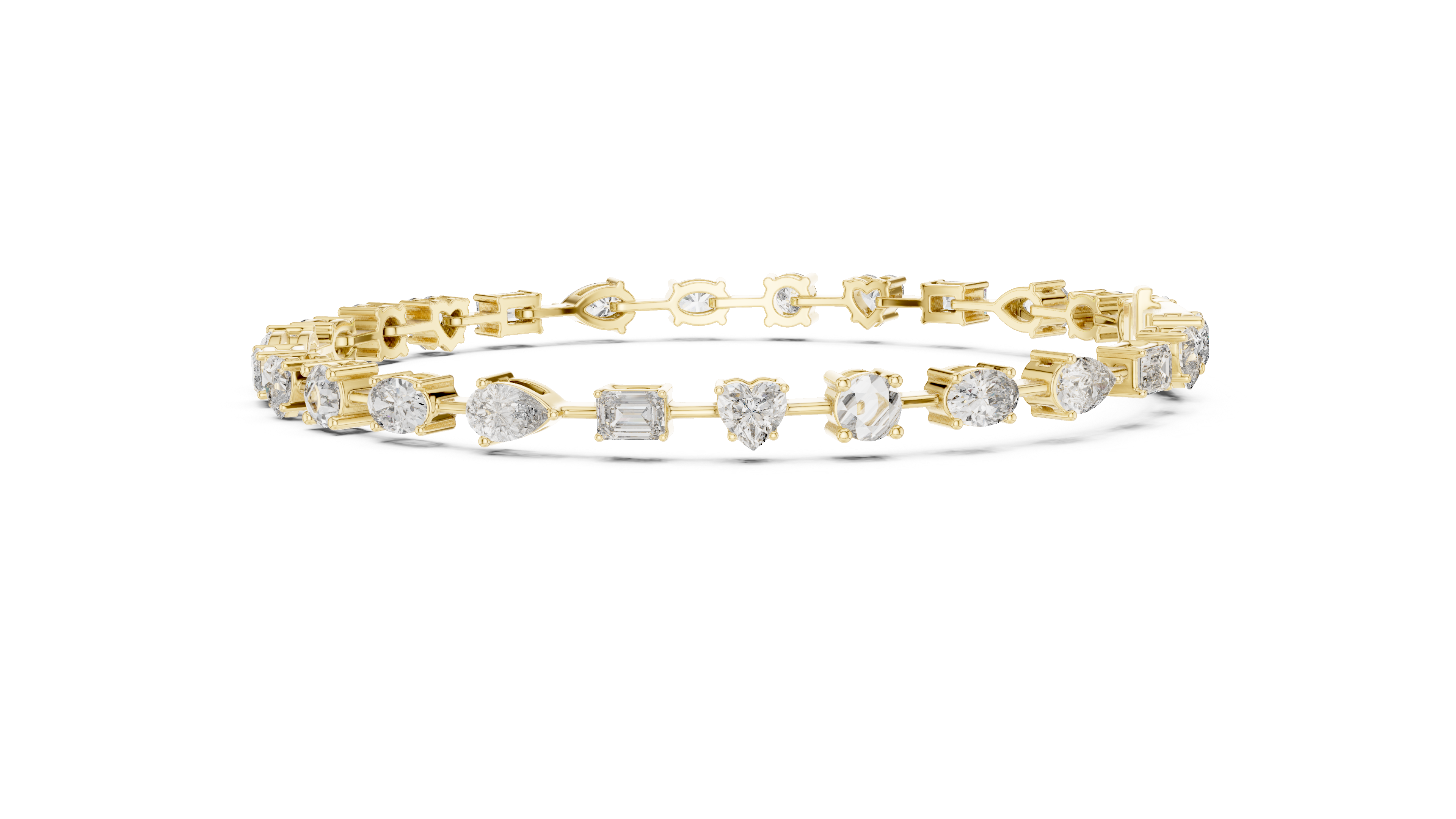 Mixed Cut Diamond Tennis Chain Bracelet in Collet Settings with Alternating Round Heart Emerald Oval and Pear Stones
