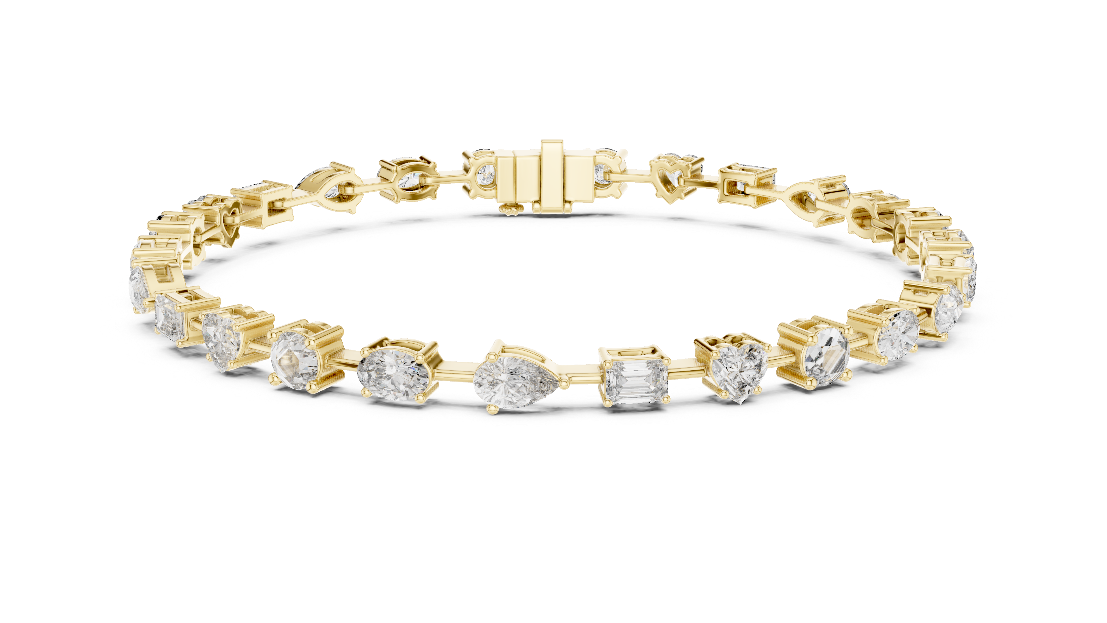 Mixed Cut Diamond Tennis Chain Bracelet in Collet Settings with Alternating Round Heart Emerald Oval and Pear Stones