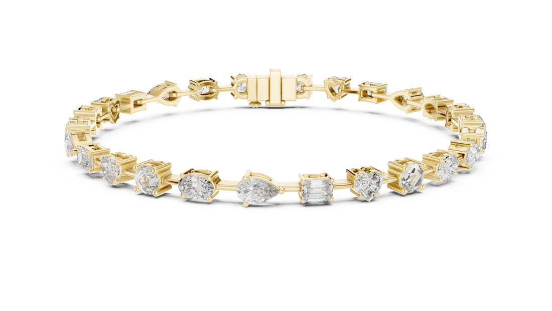 Mixed Cut Diamond Tennis Chain Bracelet in Collet Settings with Alternating Round Heart Emerald Oval and Pear Stones