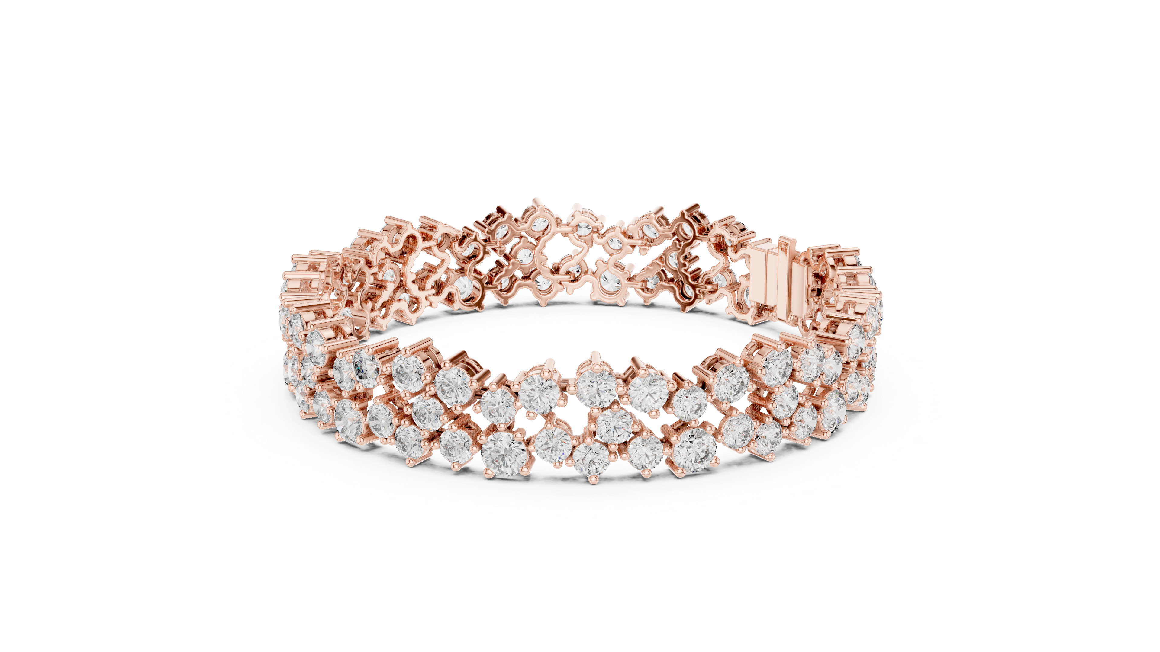 Double Row Round Cut Diamond Cluster Tennis Chain Bracelet in Collet Settings