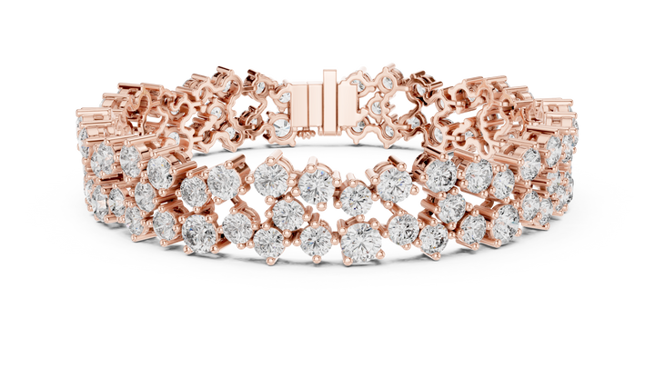 Double Row Round Cut Diamond Cluster Tennis Chain Bracelet in Collet Settings