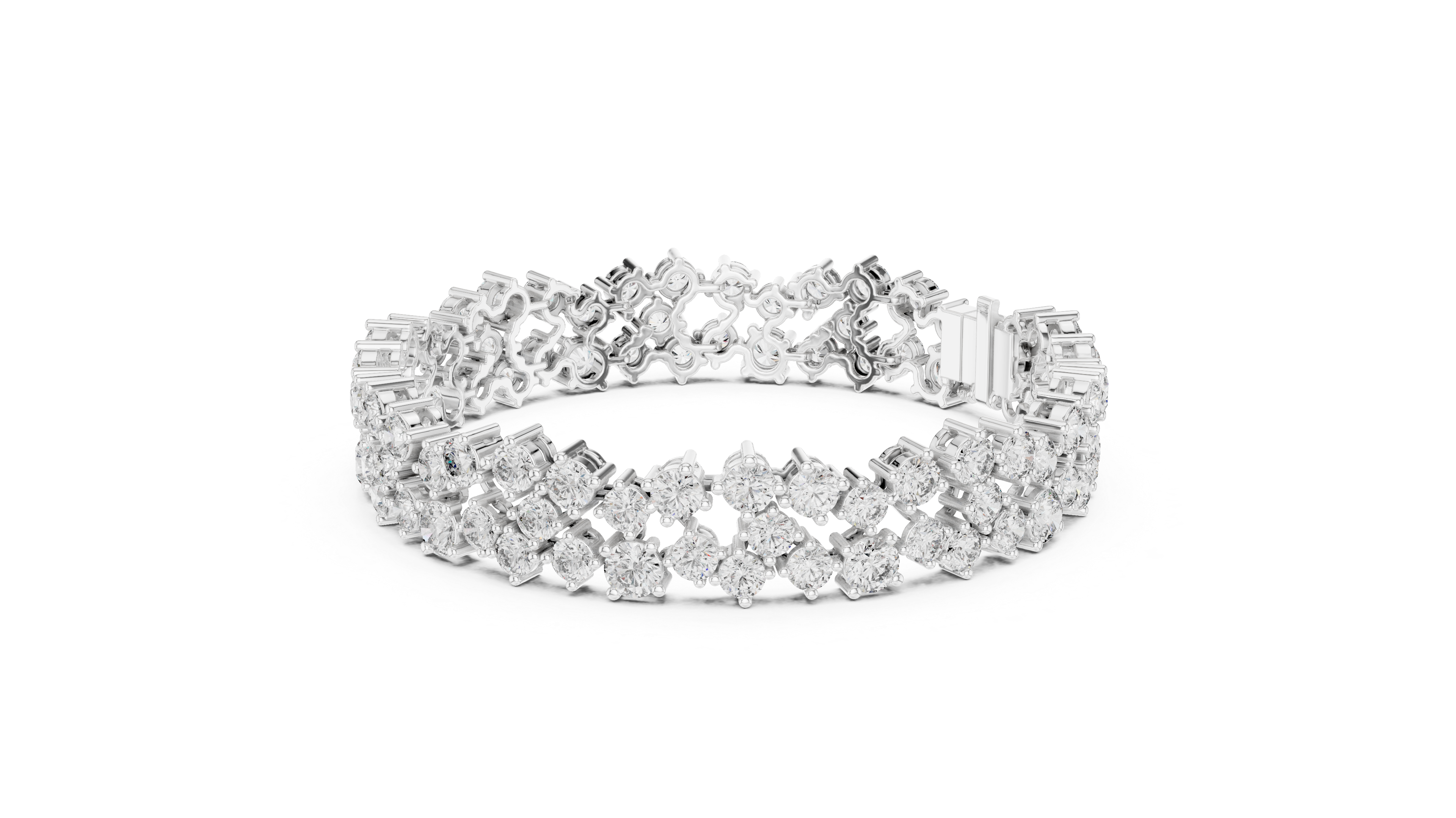 Double Row Round Cut Diamond Cluster Tennis Chain Bracelet in Collet Settings