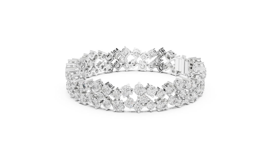 Double Row Round Cut Diamond Cluster Tennis Chain Bracelet in Collet Settings