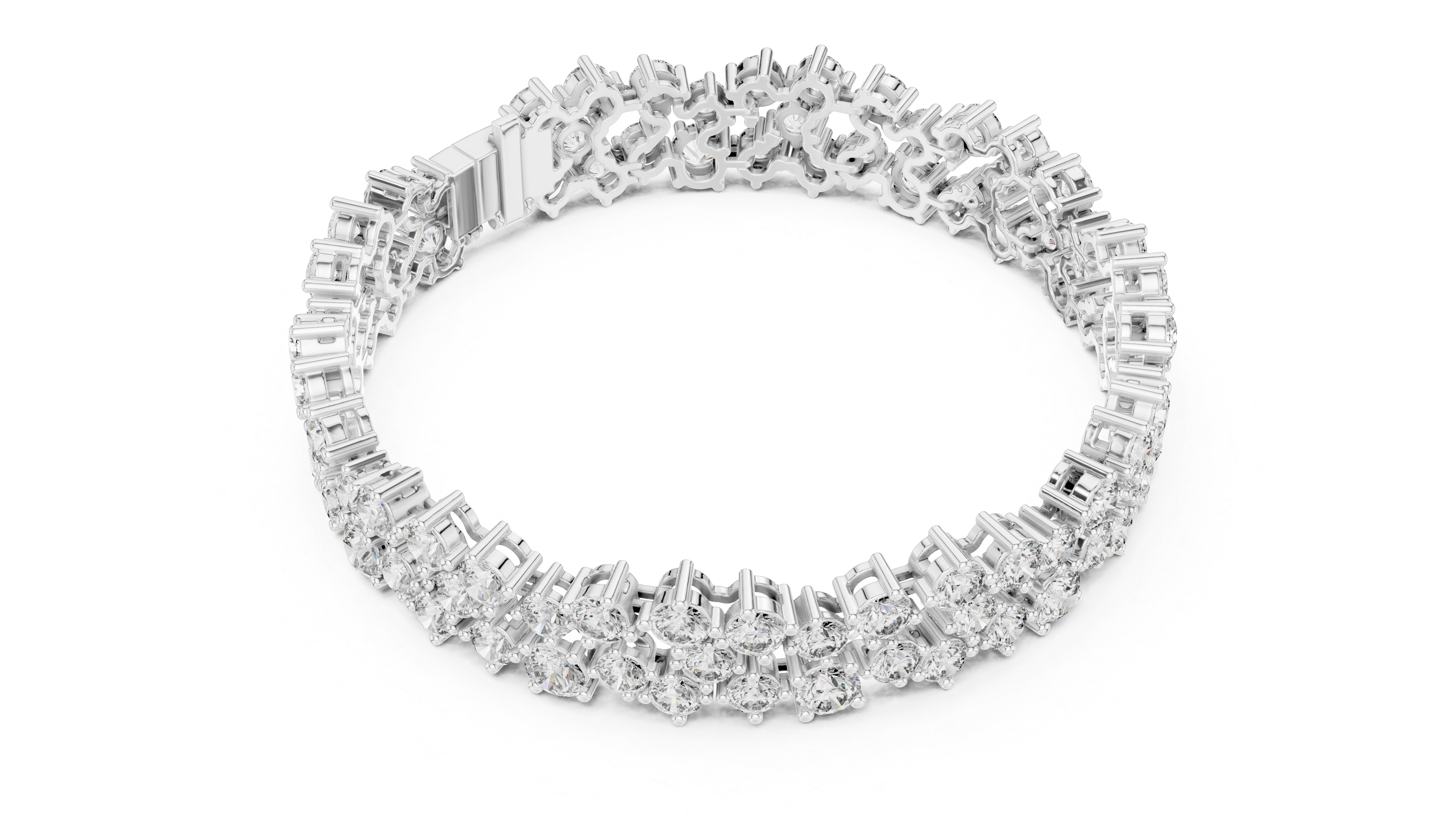 Double Row Round Cut Diamond Cluster Tennis Chain Bracelet in Collet Settings