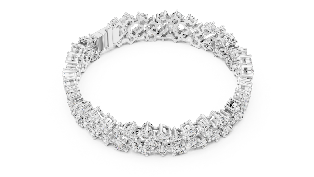 Double Row Round Cut Diamond Cluster Tennis Chain Bracelet in Collet Settings