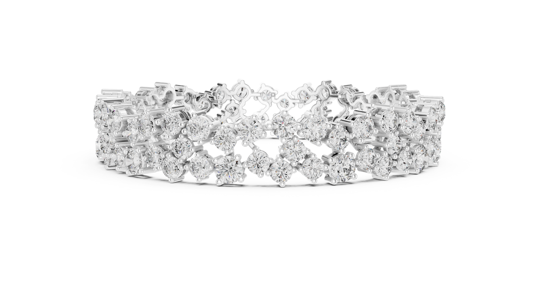 Double Row Round Cut Diamond Cluster Tennis Chain Bracelet in Collet Settings