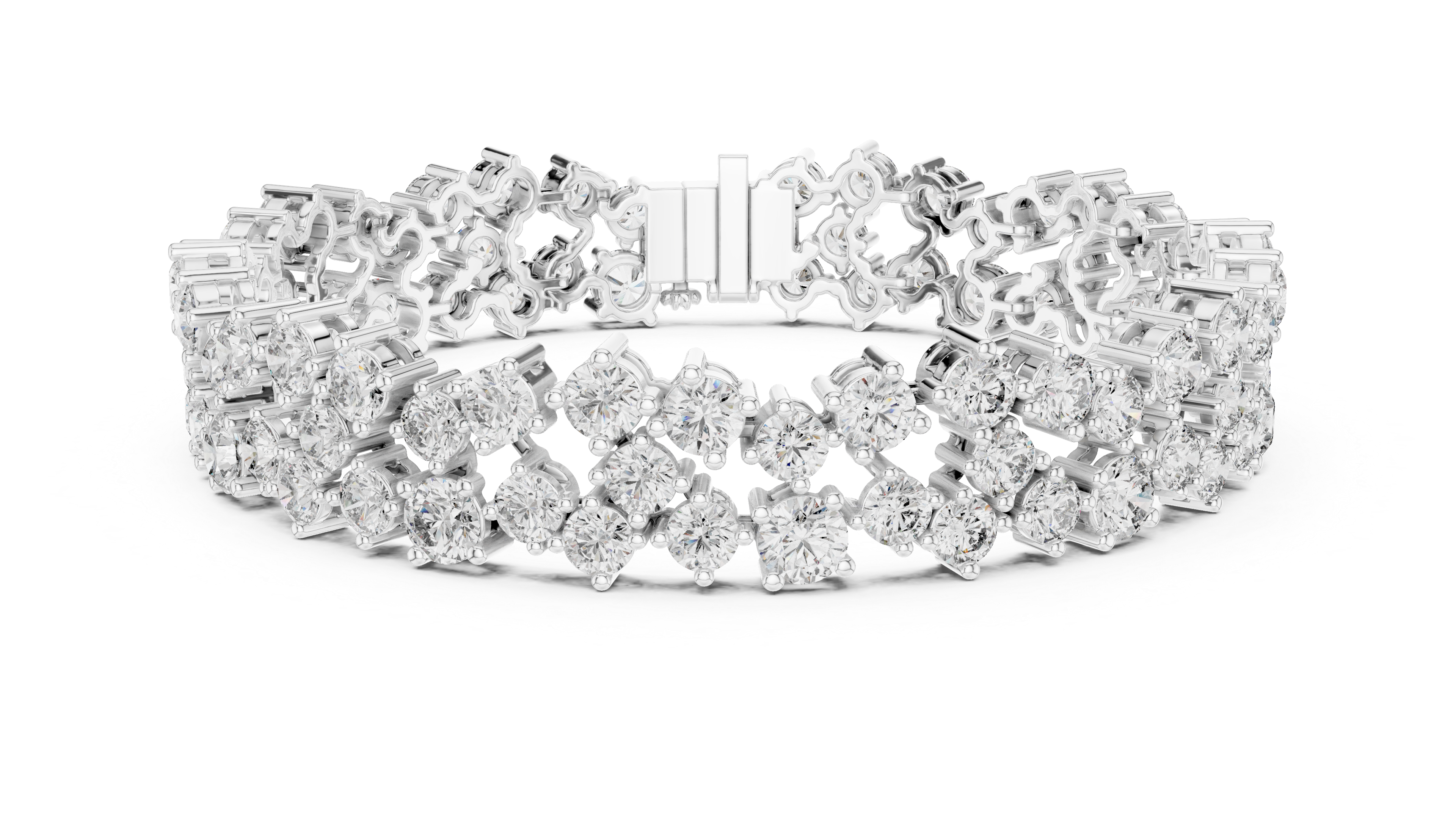 Double Row Round Cut Diamond Cluster Tennis Chain Bracelet in Collet Settings