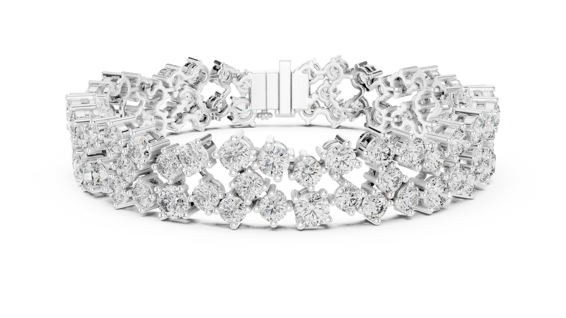 Double Row Round Cut Diamond Cluster Tennis Chain Bracelet in Collet Settings