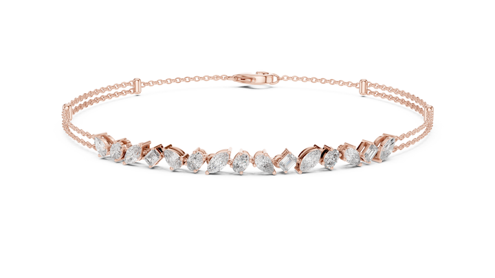 Mixed Cut Diamond Station Chain Bracelet with Pear Oval Marquise and Emerald Stones