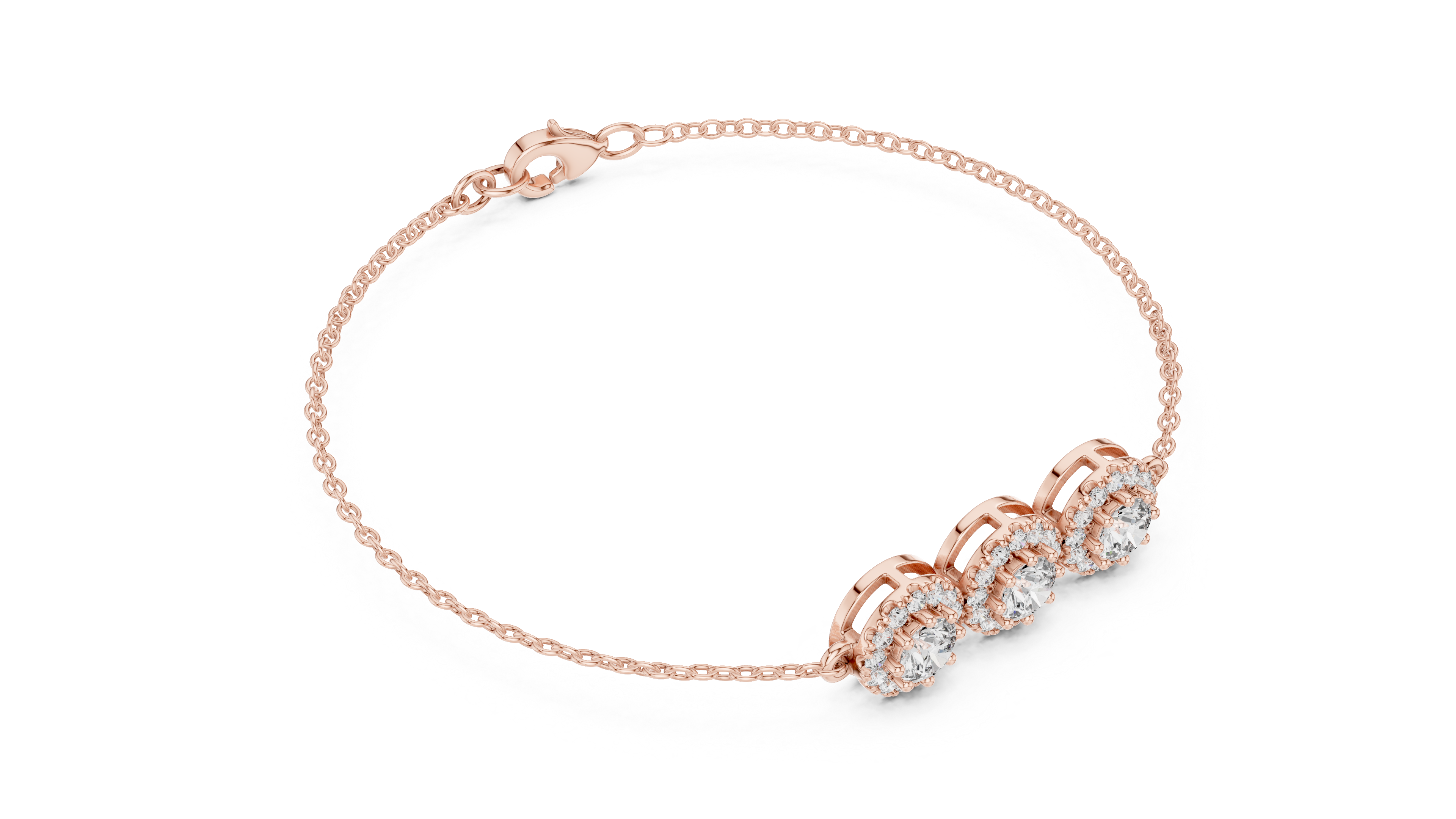 Round Diamond Halo Trio Station Chain Bracelet with Pavé Accents
