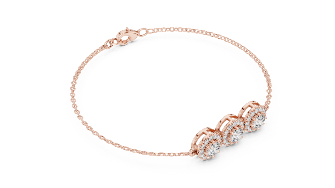 Round Diamond Halo Trio Station Chain Bracelet with Pavé Accents