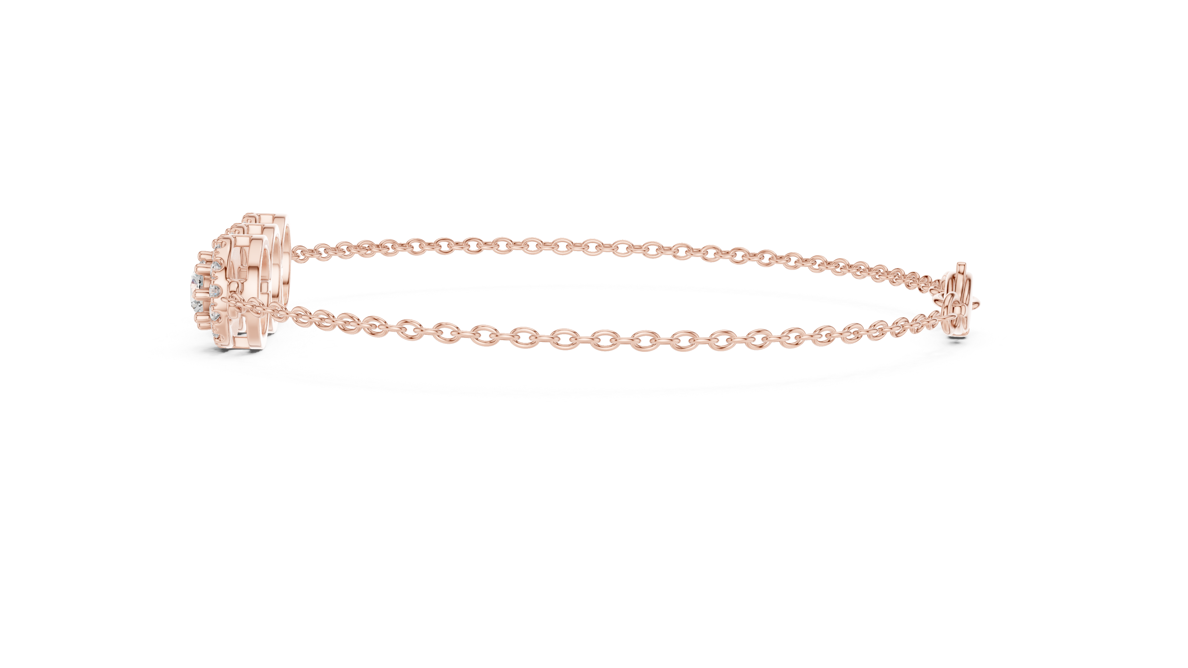 Round Diamond Halo Trio Station Chain Bracelet with Pavé Accents