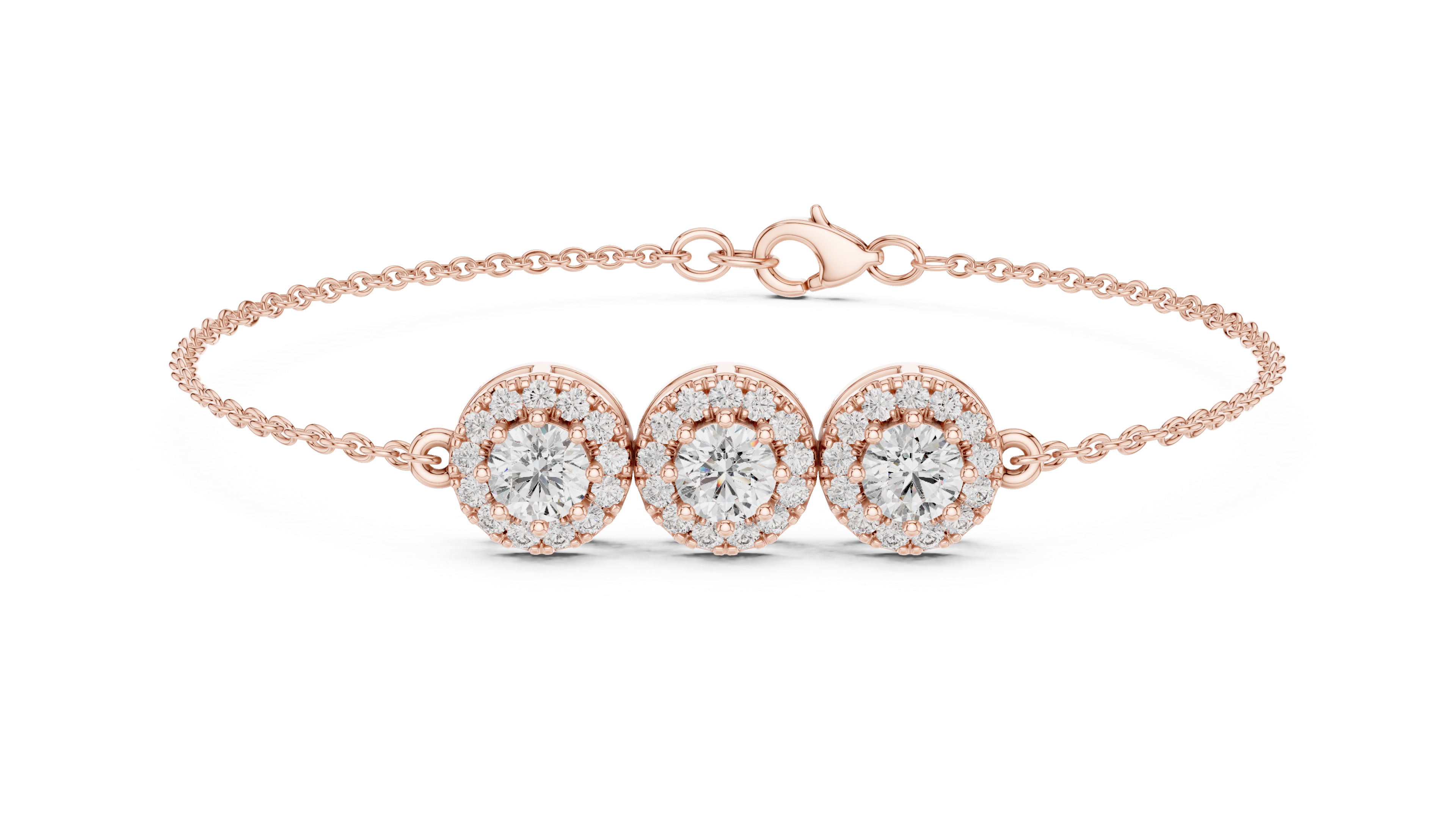 Round Diamond Halo Trio Station Chain Bracelet with Pavé Accents