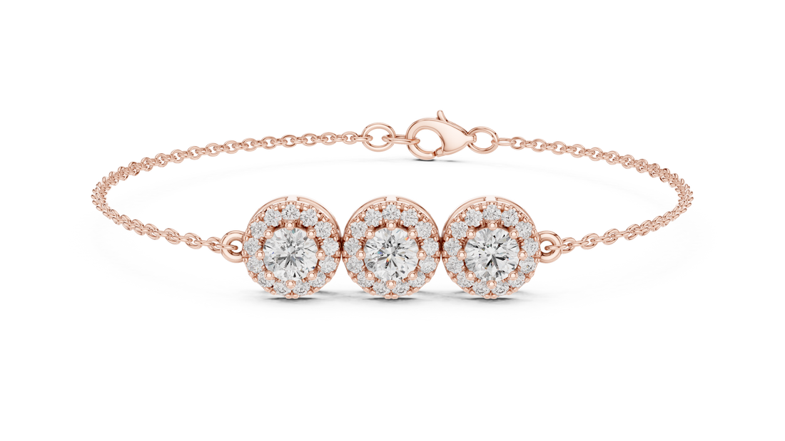 Round Diamond Halo Trio Station Chain Bracelet with Pavé Accents