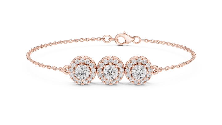 Round Diamond Halo Trio Station Chain Bracelet with Pavé Accents