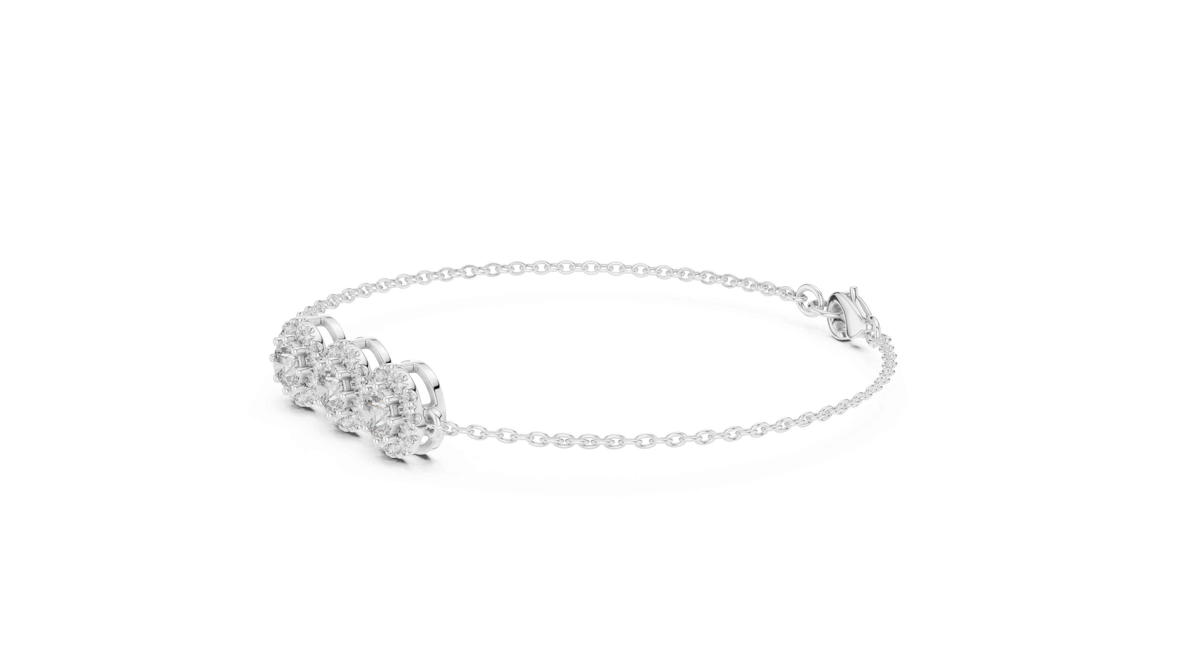 Round Diamond Halo Trio Station Chain Bracelet with Pavé Accents