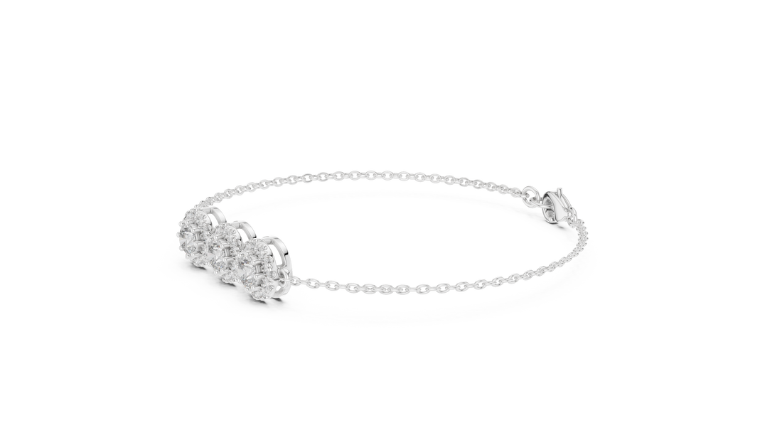 Round Diamond Halo Trio Station Chain Bracelet with Pavé Accents
