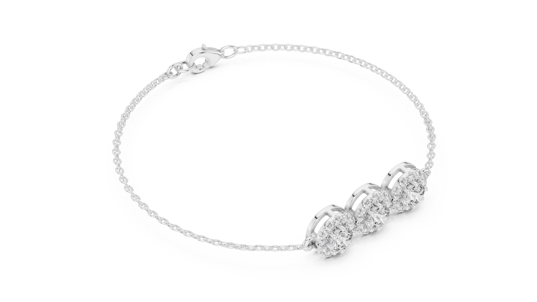 Round Diamond Halo Trio Station Chain Bracelet with Pavé Accents