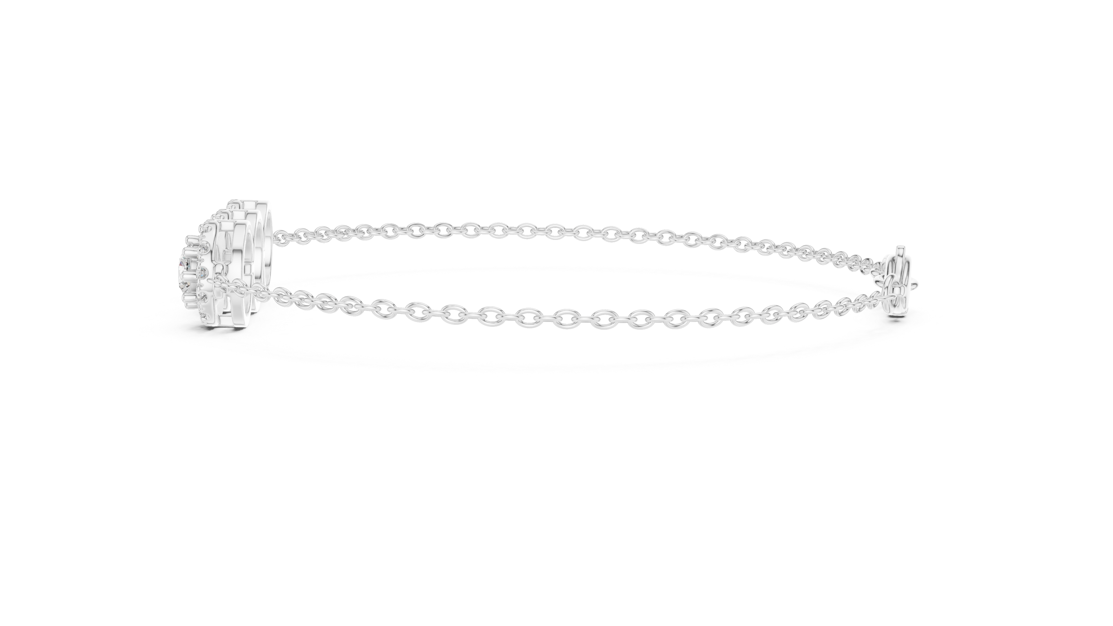 Round Diamond Halo Trio Station Chain Bracelet with Pavé Accents