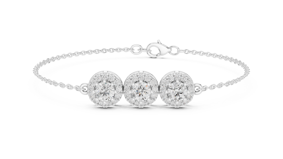 Round Diamond Halo Trio Station Chain Bracelet with Pavé Accents