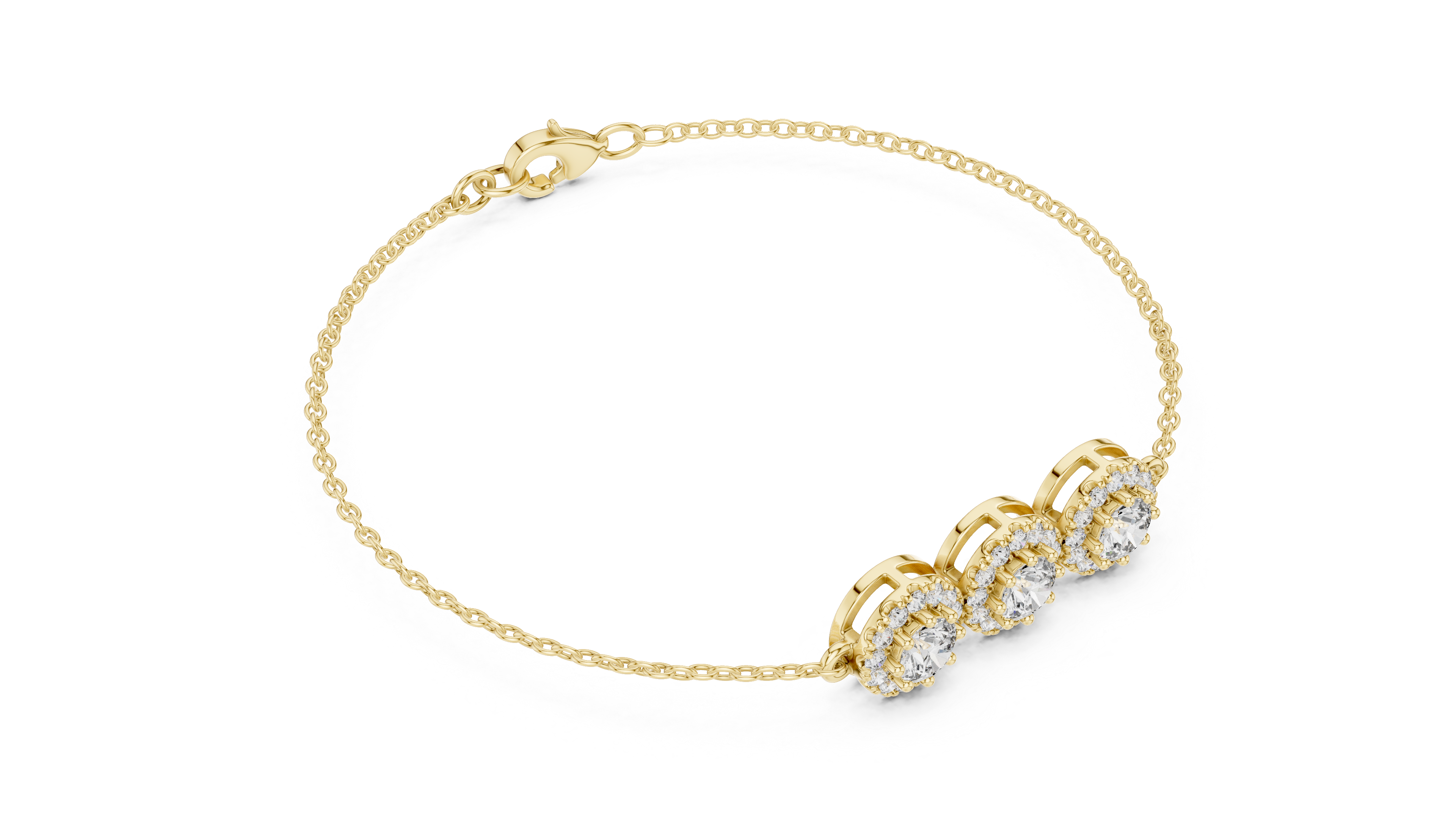 Round Diamond Halo Trio Station Chain Bracelet with Pavé Accents