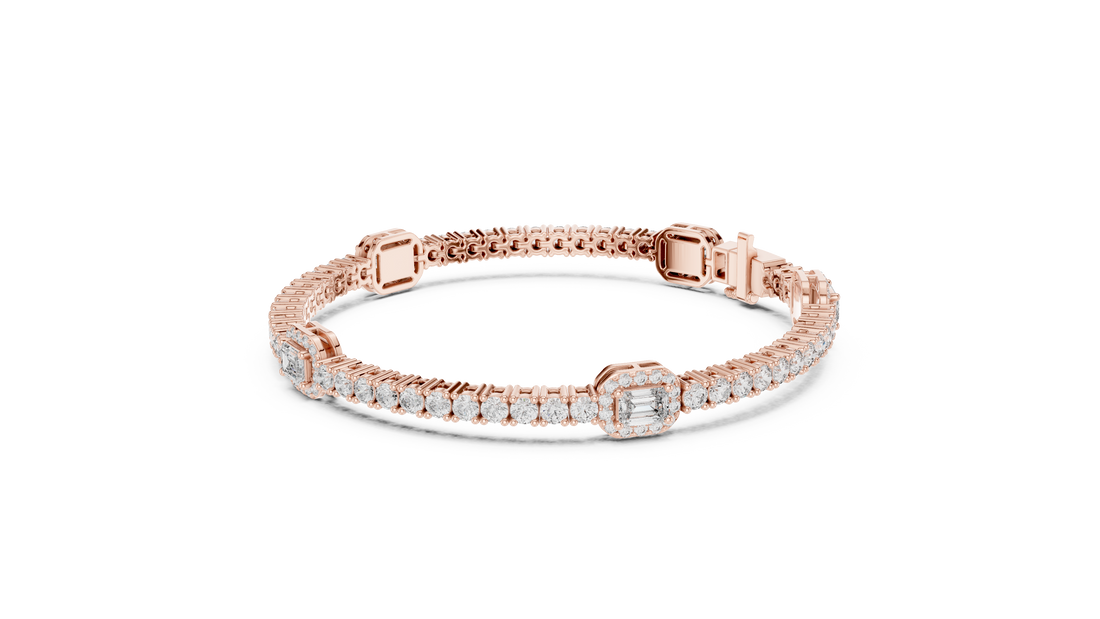 Emerald Cut Diamond Center with Round Halo Tennis Chain Bracelet