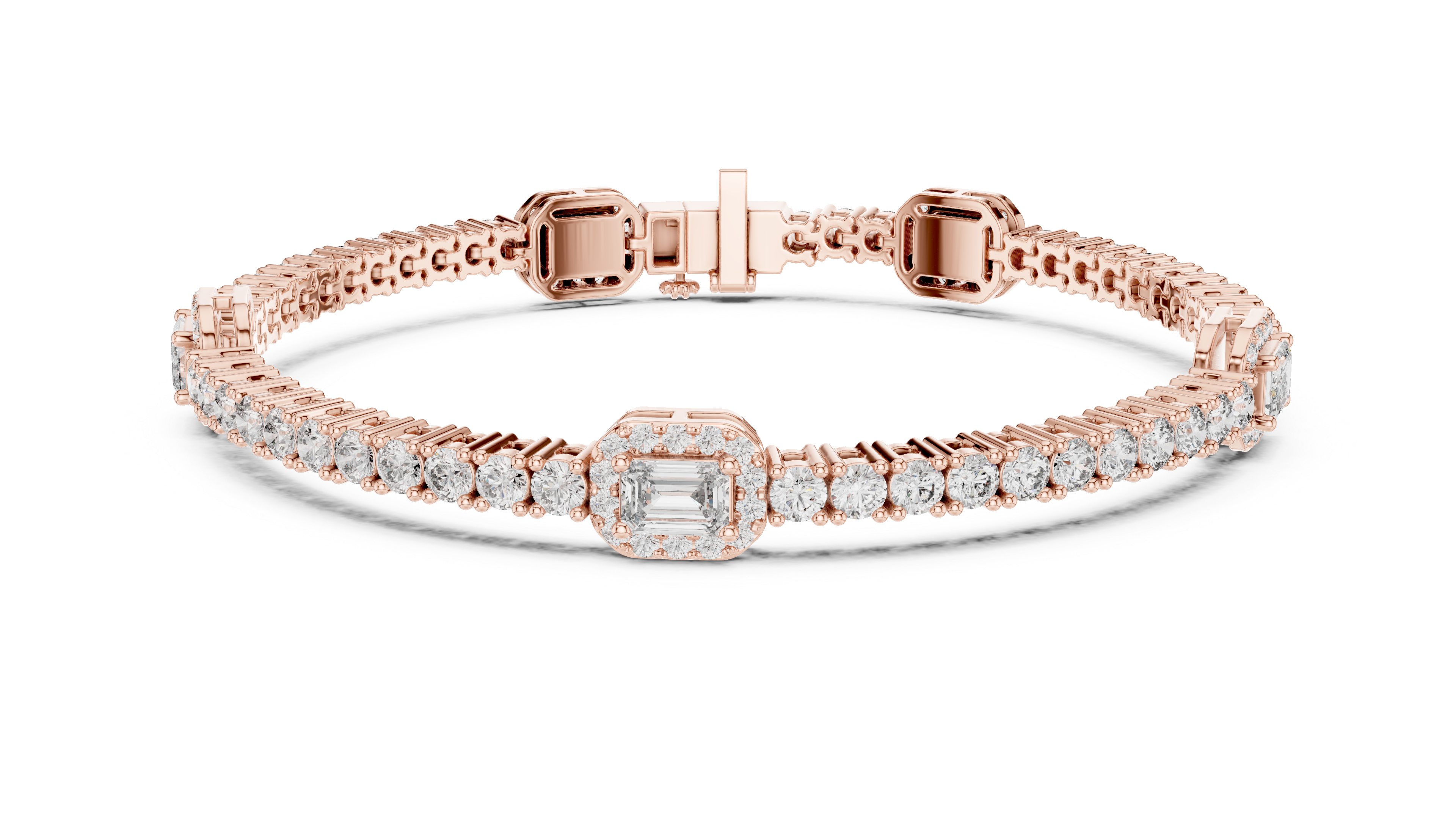 Emerald Cut Diamond Center with Round Halo Tennis Chain Bracelet