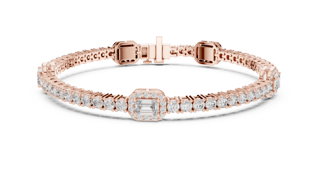 Emerald Cut Diamond Center with Round Halo Tennis Chain Bracelet