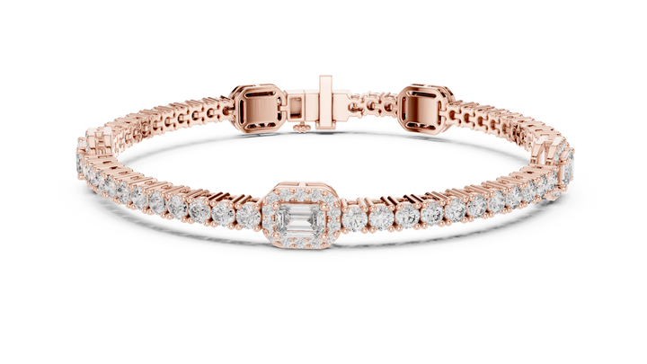 Emerald Cut Diamond Center with Round Halo Tennis Chain Bracelet