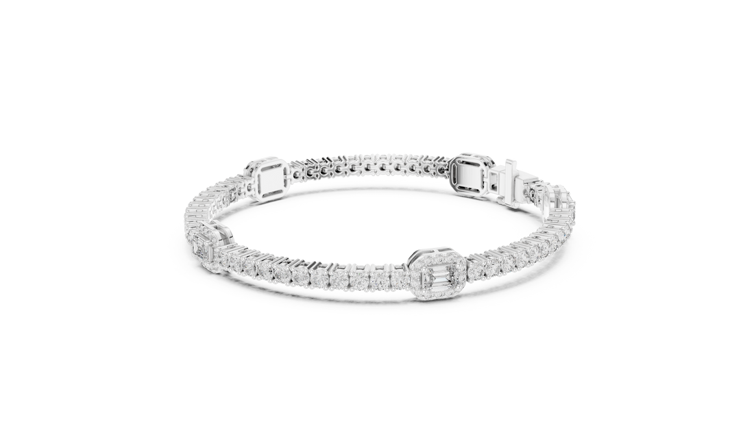 Emerald Cut Diamond Center with Round Halo Tennis Chain Bracelet