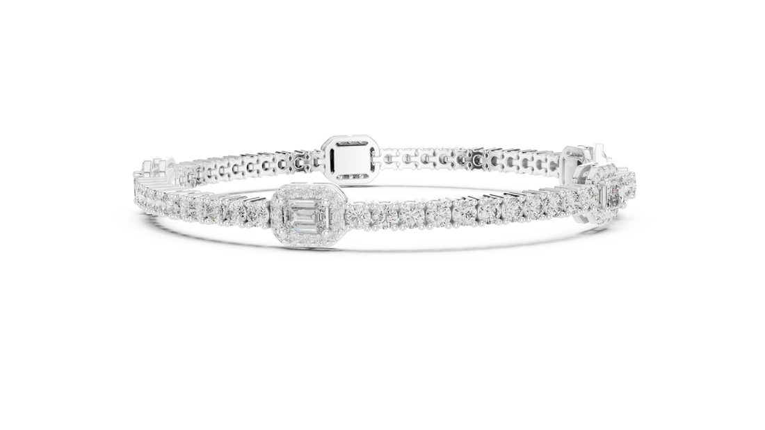 Emerald Cut Diamond Center with Round Halo Tennis Chain Bracelet