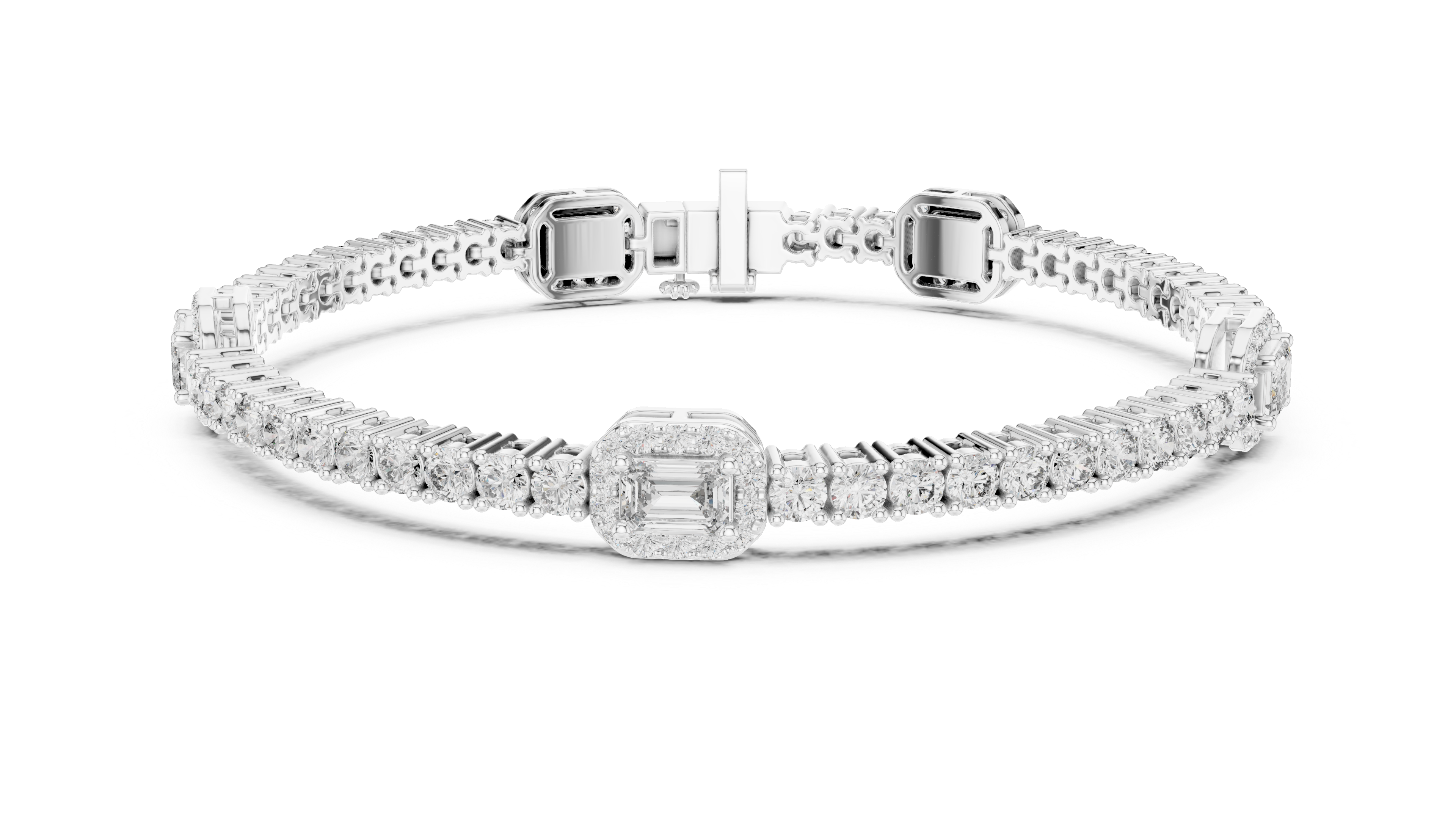 Emerald Cut Diamond Center with Round Halo Tennis Chain Bracelet