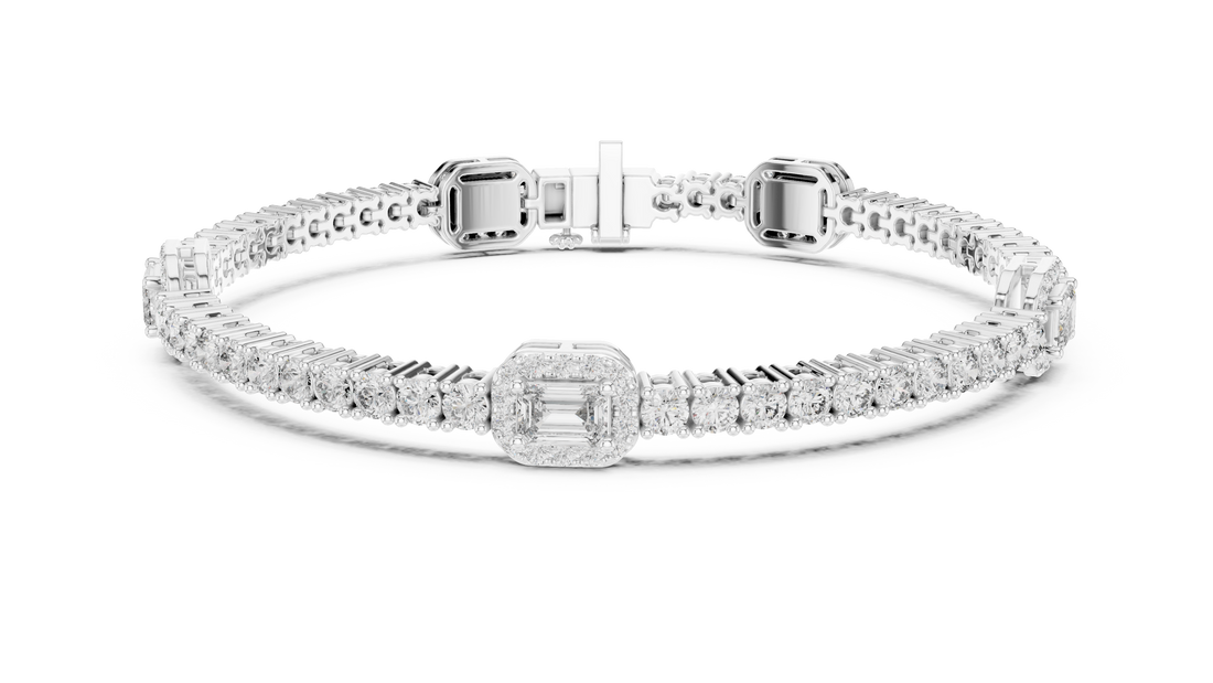 Emerald Cut Diamond Center with Round Halo Tennis Chain Bracelet