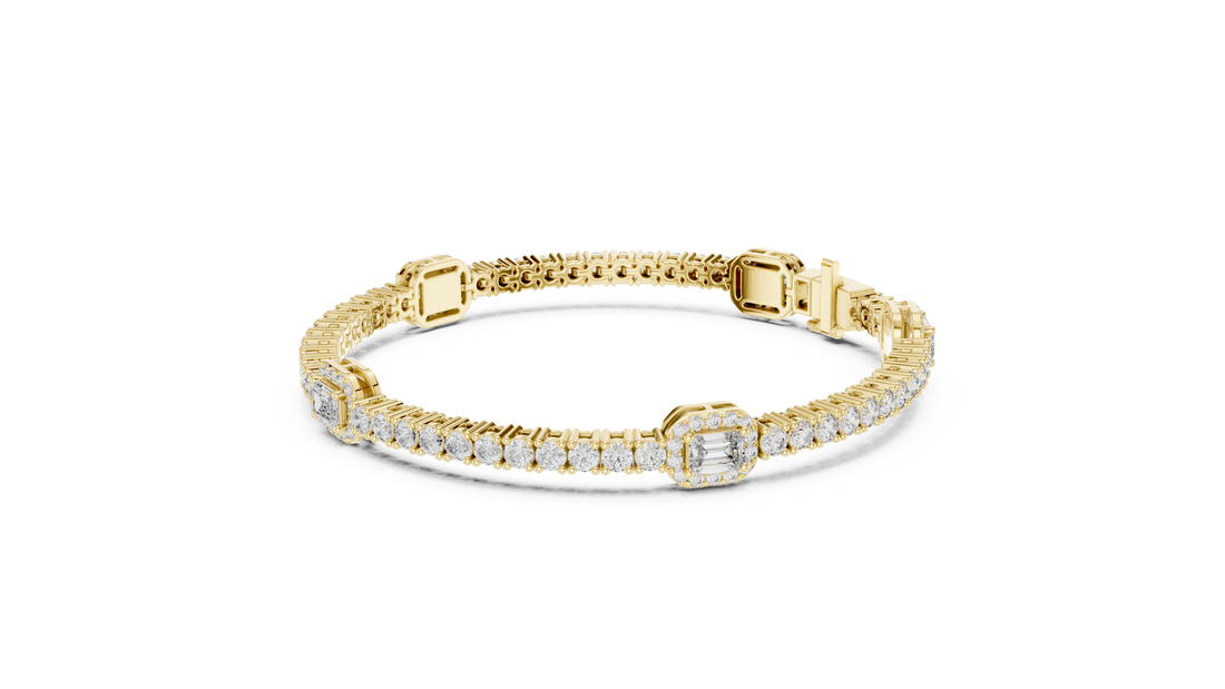 Emerald Cut Diamond Center with Round Halo Tennis Chain Bracelet