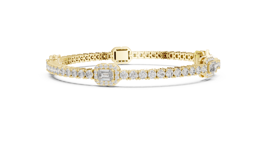 Emerald Cut Diamond Center with Round Halo Tennis Chain Bracelet