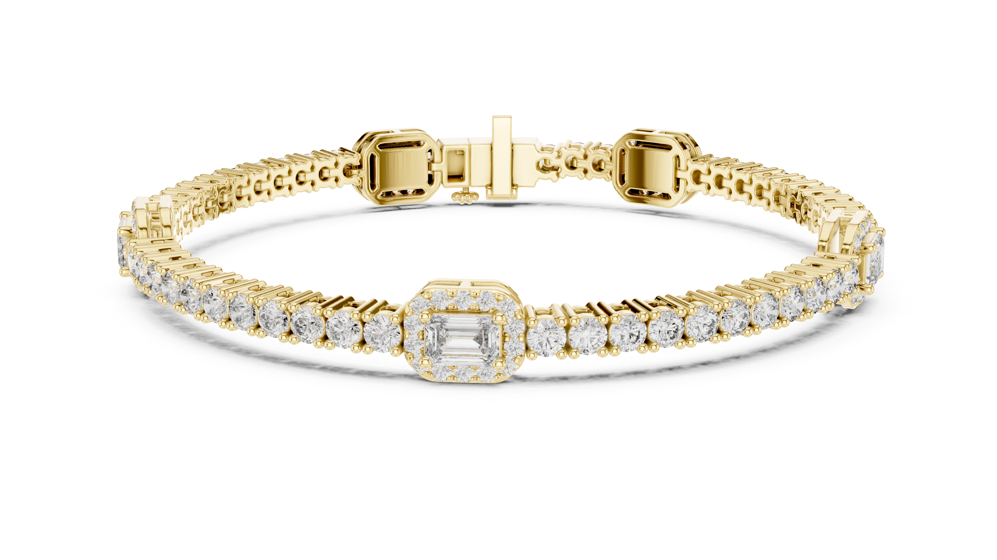 Emerald Cut Diamond Center with Round Halo Tennis Chain Bracelet