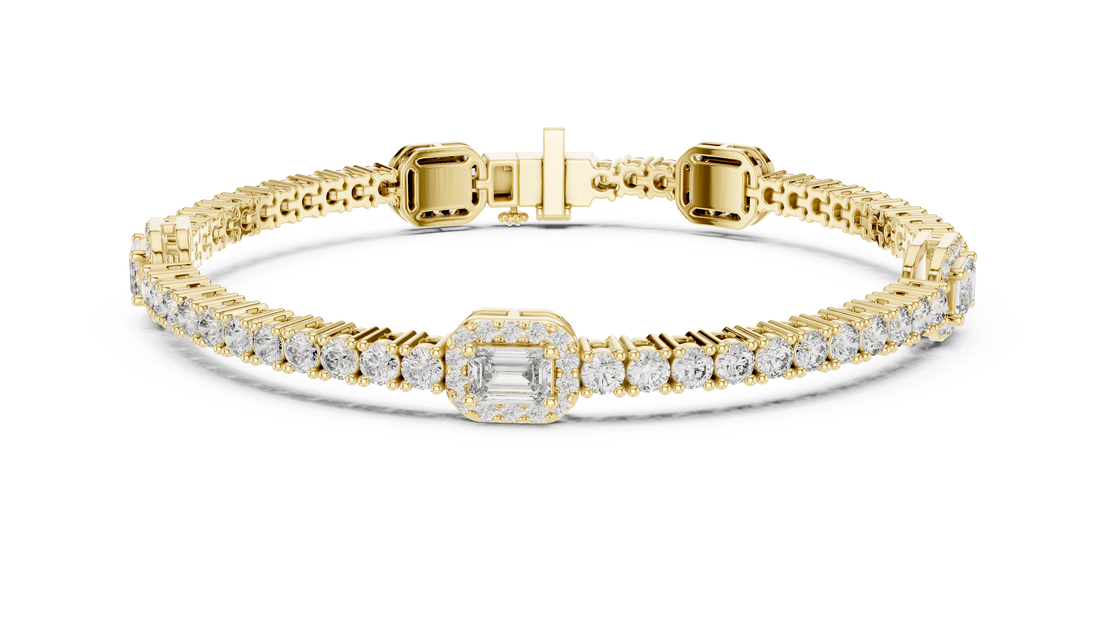 Emerald Cut Diamond Center with Round Halo Tennis Chain Bracelet