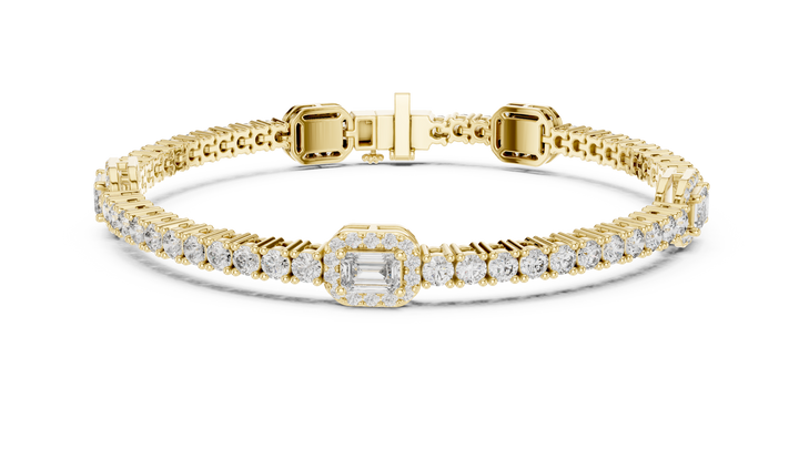 Emerald Cut Diamond Center with Round Halo Tennis Chain Bracelet
